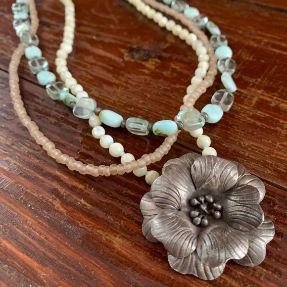 Handmade Bali Sterling Silver Multi-Strand Pendant Necklace with Stones & MOP - Picture 2 of 7